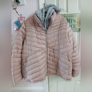 Avenue Puffer Jacket Womens Plus size 22/24  Pink & Gray Full Zip Up Quilted Hoo
